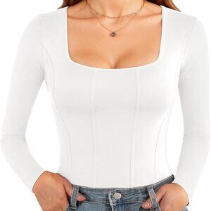 White Square Neck Long Sleeve Bodysuit